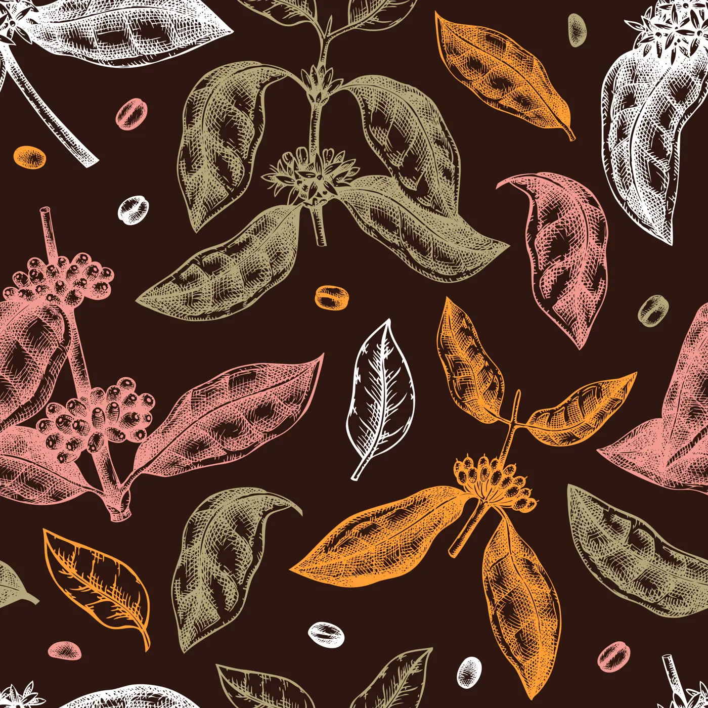 Hand sketched coffee plant seamless pattern. Vector background with hand drawn leaves, flowers, beans and fruits illustrations. For packaging, wrapping paper, brands, fabrics. Illustration